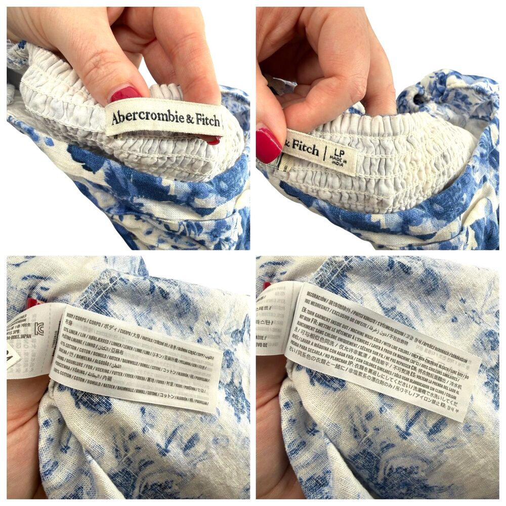 Abercrombie Emerson Mini Dress LP Petite Blue Floral Puff Sleeve Linen Pockets - Picture 12 of 13